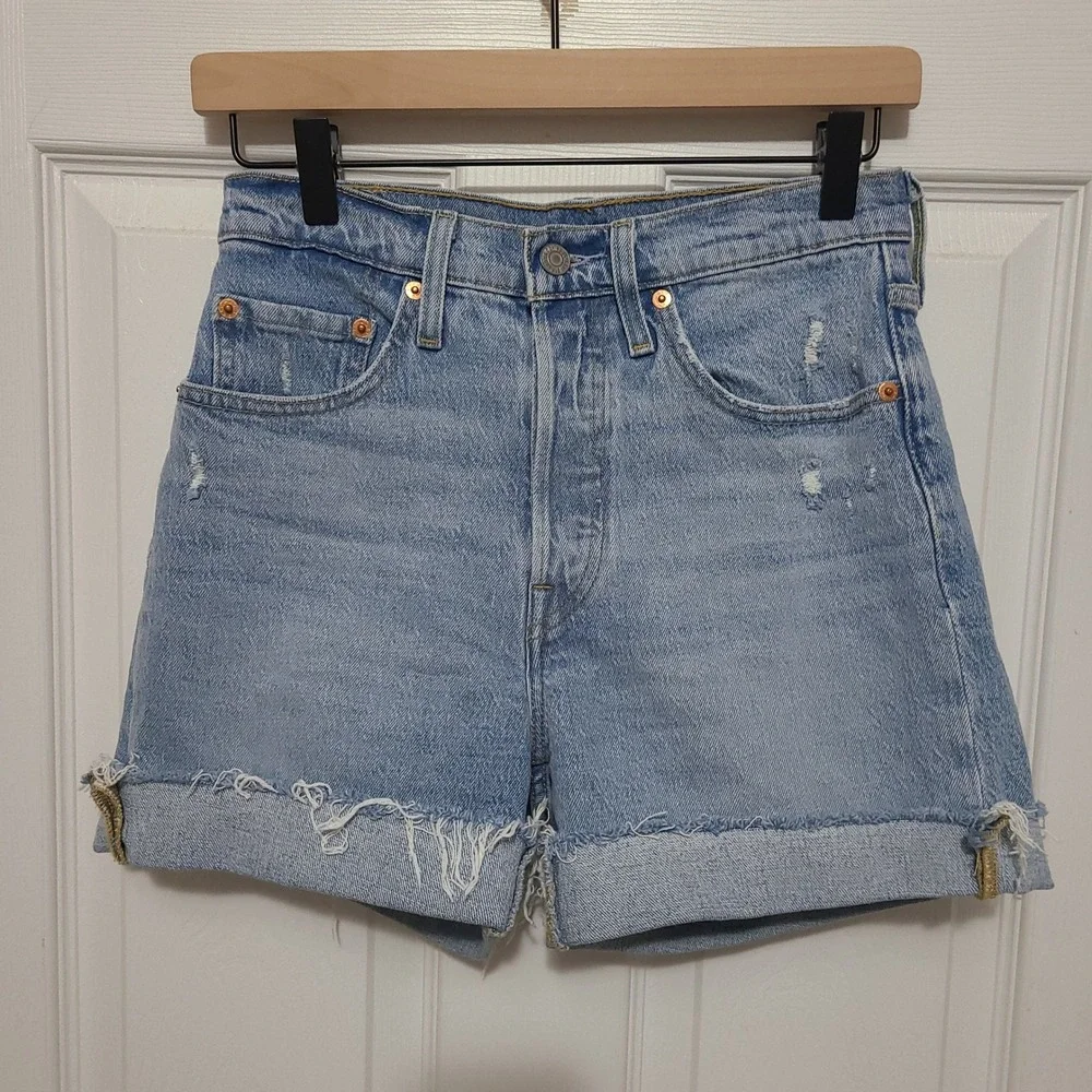 Levi's 501 Original Shorts Women 26 Light Blue Distressed High Waisted Denim